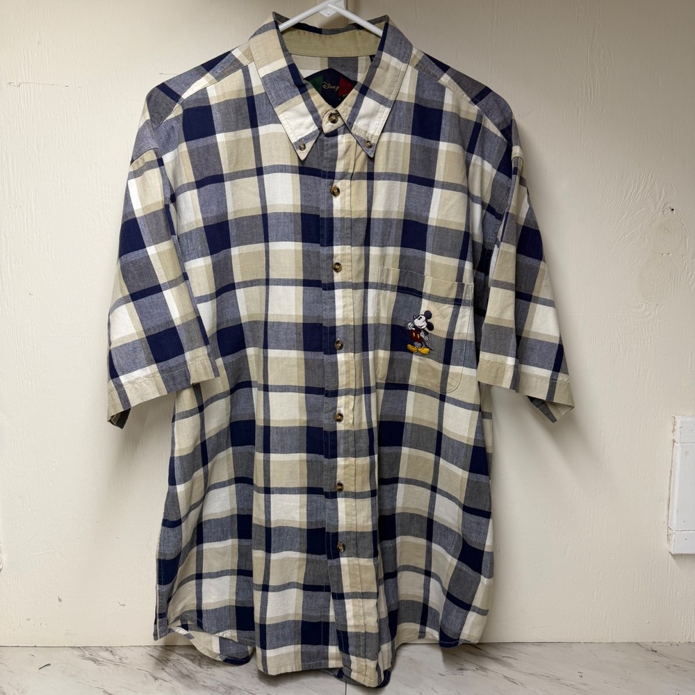 Vintage Disney Store Mickey Mouse Plaid Button Down Shirt Mens XL Navy Tan